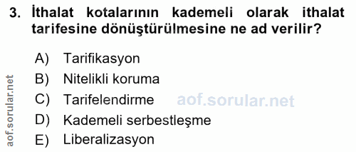 3. soru: İthalat kotlarının kademeli olarak ithalat tarifesine dönüştürülmesine ne ad verilir? A) Tarifikasyon B) Nitelikli ko…