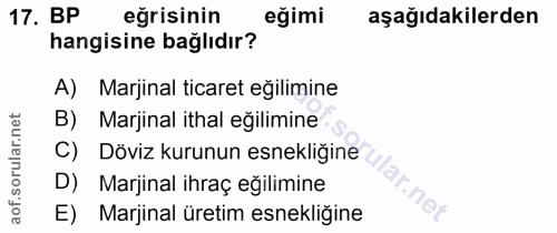 17. soru: BP eğrisinin eğimi aşağıdakilerden hangisine bağlıdır? A) Marjinal ticaret eğilimine B) Marjinal ithal eğilimine C) D…