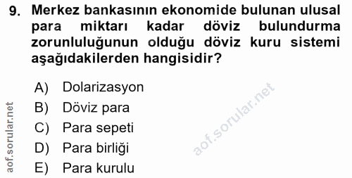 9. soru: Merkez bankasının ekonomide bulunan ulusal para miktarı kadar döviz bulundurma zorunluluğunun olduğu döviz kuru siste…