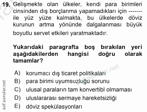 19. soru: Gelişmekte olan ülkeler, kendi para birimleri cinsinden dış borçlanma yapamadıkları için -- ile yüz yüze kalmakta, bu…