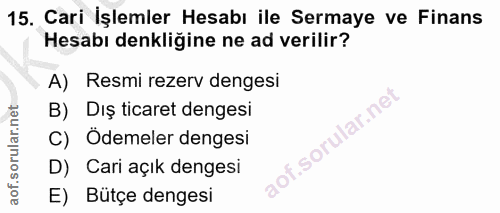 15. soru: Cari İşlemler Hesabı ile Sermaye ve Finans Hesabı denkliğine ne ad verilir? A) Resmi rezerv dengesi B) Dış ticaret de…