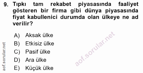 9. soru: Tıpkı tam rekabet piyasasında faaliyet gösteren bir firma gibi dünya piyasasında fiyat kabullenici durumda olan ülkey…