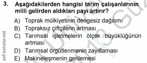3. soru: Aşağıdakilerden hangisi tarım çalışanlarının milli gelirden aldıkları payı artırır? A) Toprak mülkiyetinin dengesiz d…