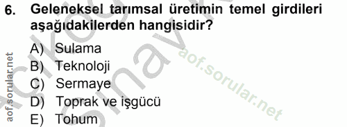 6. soru: Geleneksel tarımsal üretimin temel girdileri aşağıdakilerden hangisidir? A) Sulama B) Teknoloji lof.sorular.ne Sermay…