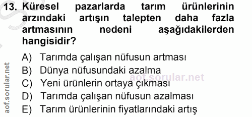 13. soru: Küresel pazarlarda tarım ürünlerinin arzındaki artışın talepten daha fazla artmasının nedeni aşağıdakilerden hangisid…