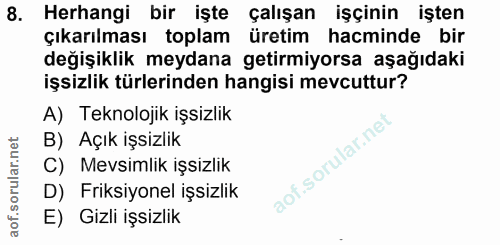 8. soru: Herhangi bir işte çalışan işçinin işten çıkarılması toplam üretim hacminde bir değişiklik meydana getirmiyorsa aşağıd…