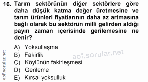 16. soru: Tarım sektörünün diğer sektörlere göre daha düşük katma değer üretmesine ve tarım ürünleri fiyatlarının daha az artma…