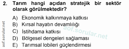 2. soru: Tarım hangi açıdan stratejik bir sektör olarak görülmektedir? A) Ekonomik kalkınmaya katkısı B) Kırsal hayatın devaml…