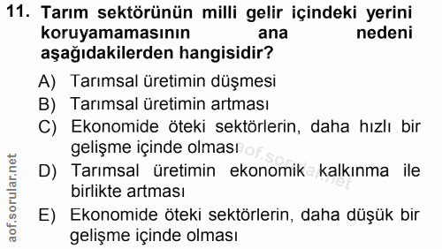 11. soru: Tarım sektörünün milli gelir içindeki yerini koruyamamasının ana nedeni aşağıdakilerden hangisidir? A) Tarımsal üreti…