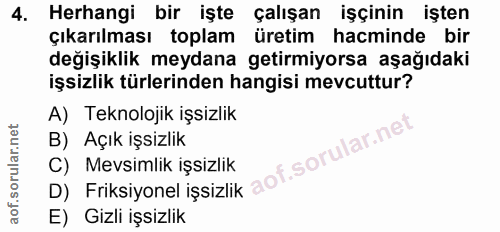 4. soru: Herhangi bir işte çalışan işçinin işten çıkarılması toplam üretim hacminde bir değişiklik meydana getirmiyorsa aşağıd…