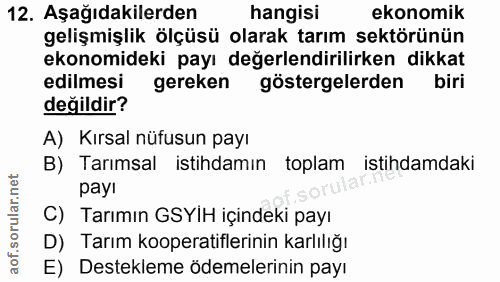 12. soru: Aşağıdakilerden hangisi ekonomik gelişmişlik ölçüsü olarak tarım sektörünün ekonomideki payı değerlendirilirken dikka…