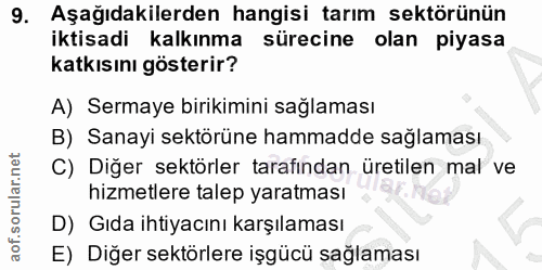 9. soru: Aşağıdakilerden hangisi tarım sektörünün iktisadi kalkınma sürecine olan piyasa katkısını gösterir? A) Sermaye biriki…