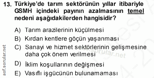 13. soru: Türkiye'de tarım sektörünün yıllar itibariyle GSMH içindeki payının azalmasının temel nedeni aşağıdakilerden hangisid…