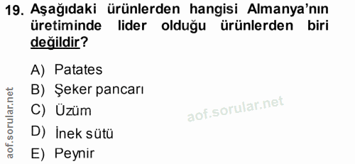19. soru: Aşağıdaki ürünlerden hangisi Almanya'nın üretiminde lider olduğu ürünlerden biri değildir? A) Patates B) Şeker pancar…
