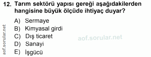 12. soru: Tarım sektörü yapısı gereği aşağıdakilerden hangisine büyük ölçüde ihtiyaç duyar? A) Sermaye rular.net B) Kimyasal gi…