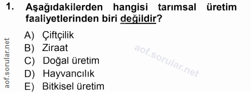 1. soru: Aşağıdakilerden hangisi tarımsal üretim faaliyetlerinden biri değildir? A) Çiftçilik B) Ziraat C) Doğal üretim D) Hay…