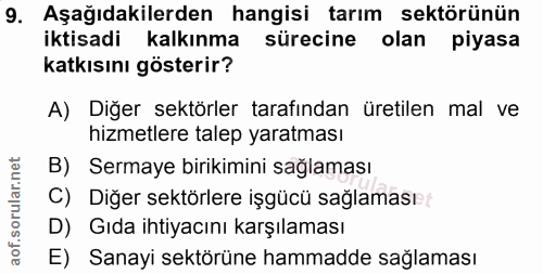 9. soru: Aşağıdakilerden hangisi tarım sektörünün iktisadi kalkınma sürecine olan piyasa katkısını gösterir? A) Diğer sektörle…