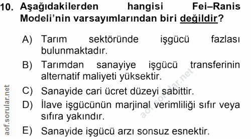 10. soru: Aşağıdakilerden hangisi Fei-Ranis Modeli'nin varsayımlarından biri değildir? A) Tarım sektöründe işgücü fazlası bulun…