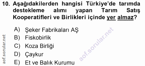 10. soru: Aşağıdakilerden hangisi Türkiye'de tarımda destekleme alımı yapan Tarım Satış Kooperatifleri ve Birlikleri içinde yer…