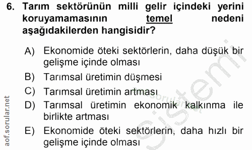 6. soru: Tarım sektörünün milli gelir içindeki yerini koruyamamasının temel nedeni aşağıdakilerden hangisidir? A) Ekonomide öt…