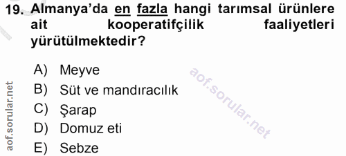 19. soru: Almanya'da en fazla hangi tarımsal ürünlere kooperatifçilik faaliyetleri yürütülmektedir? A) Meyve B) Süt ve mandırac…