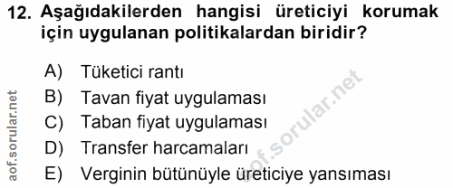 12. soru: Aşağıdakilerden hangisi üreticiyi korumak için uygulanan politikalardan biridir? A) Tüketici rantı lar.ne Tavan fiyat…
