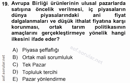 19. soru: Avrupa Birliği ürünlerinin ulusal pazarlarda satışına öncelik verilmesi, iç piyasaların dünya piyasalarındaki ani fiy…