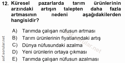 12. soru: Küresel pazarlarda tarım ürünlerinin arzındaki artışın talepten daha fazla artmasının nedeni aşağıdakilerden hangisid…