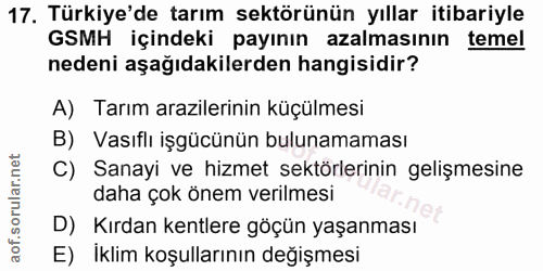 17. soru: Türkiye'de tarım sektörünün yıllar itibariyle GSMH içindeki payının azalmasının temel nedeni aşağıdakilerden hangisid…