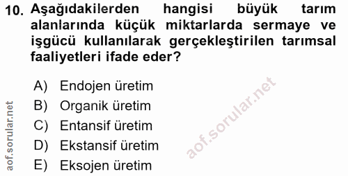 10. soru: Aşağıdakilerden hangisi büyük tarım alanlarında küçük miktarlarda sermaye ve işgücü kullanılarak gerçekleştirilen tar…