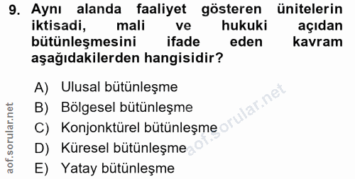 9. soru: Aynı alanda faaliyet gösteren ünitelerin iktisadi, mali ve hukuki açıdan bütünleşmesini ifade eden kavram aşağıdakile…