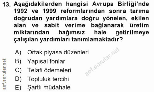 13. soru: Aşağıdakilerden hangisi Avrupa Birliği'nde 1992 ve 1999 reformlarından sonra tarıma doğrudan yardımlara doğru yönelen…