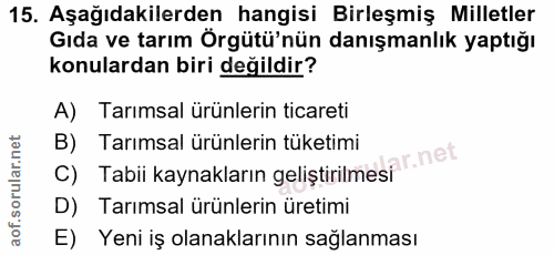 15. soru: Aşağıdakilerden hangisi Birleşmiş Milletler Gıda ve tarım Örgütü'nün danışmanlık yaptığı konulardan biri değildir? A)…