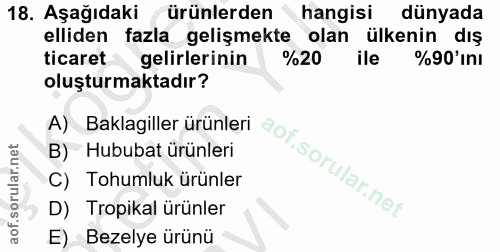 18. soru: Aşağıdaki ürünlerden ® hangisi dünyada elliden fazla gelişmekte olan ülkenin dış ticaret gelirlerinin %20 ile %90'inl…