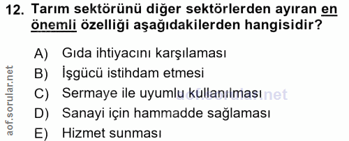 12. soru: Tarım sektörünü diğer sektörlerden ayıran en önemli özelliği aşağıdakilerden hangisidir? A) Gıda ihtiyacını karşılama…