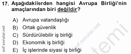 17. soru: Aşağıdakilerden hangisi Avrupa Birliği'nin amaçlarından biri değildir? A) Avrupa vatandaşlığı B) Ortak güvenlik C) Sü…
