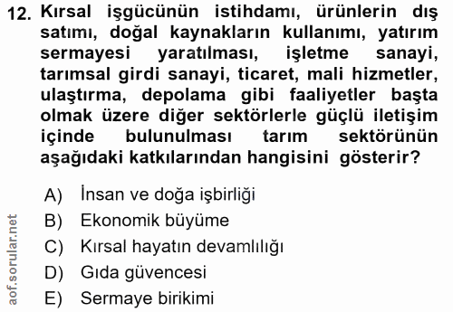 12. soru: Kırsal işgücünün istihdamı, ürünlerin dış satımı, doğal kaynakların kullanımı, yatırım sermayesi| yaratılması, işletm…