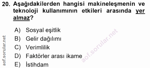 20. soru: Aşağıdakilerden hangisi makineleşmenin ve teknoloji kullanımının etkileri arasında yer almaz? A) Sosyal eşitlik llar.…