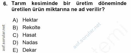 6. soru: Tarım kesiminde bir üretim döneminde üretilen ürün miktarına ne ad verilir? A) Hektar B) Rekolte C) Hasat D) Nadas E)…