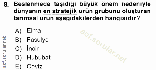 8. soru: Beslenmede taşıdığı büyük önem nedeniyle dünyanın en stratejik ürün grubunu oluşturan tarımsal ürün aşağıdakilerden h…