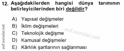 12. soru: Aşağıdakilerden hangisi dünya tarımının belirleyicilerinden biri değildir? A) Yapısal değişmeler B) Iklim değişmeleri…