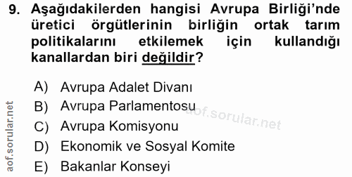 9. soru: Aşağıdakilerden hangisi Avrupa Birliği'nde üretici örgütlerinin birliğin ortak tarım politikalarını etkilemek için ku…