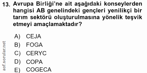 13. soru: Avrupa Birliği'ne ait aşağıdaki konseylerden hangisi AB genelindeki gençleri yenilikçi bir tarım sektörü oluşturulmas…