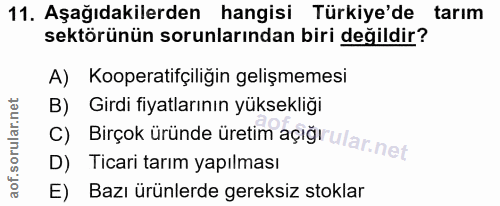 11. soru: Aşağıdakilerden hangisi Türkiye'de tarım sektörünün sorunlarından biri değildir? A) Kooperatifçiliğin gelişmemesi c)…