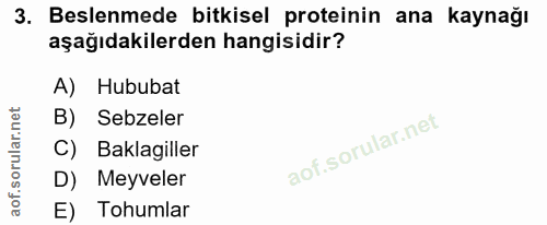 3. soru: Beslenmede bitkisel proteinin ana kaynağı aşağıdakilerden hangisidir? A) Hububat B) Sebzeler C) Baklagiller D) Meyvel…