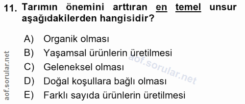 11. soru: Tarımın önemini arttıran en temel unsur aşağıdakilerden hangisidir? A) Organik olması B) Yaşamsal ürünlerin üretilmes…