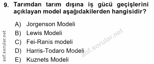 9. soru: Tarımdan tarım dışına iş gücü geçişlerini açıklayan model aşağıdakilerden hangisidir? A) Jorgenson Modeli B) Lewis Mo…