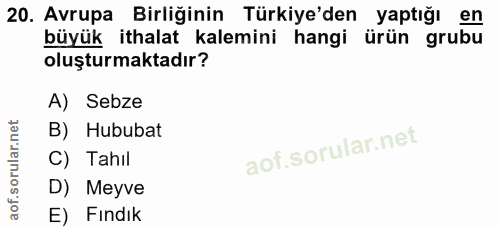 20. soru: Avrupa Birliğinin Türkiye'den yaptığı en büyük ithalat kalemini hangi ürün grubu oluşturmaktadır? A) Sebze B) Hububat…