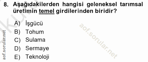 8. soru: Aşağıdakilerden hangisi geleneksel tarımsal üretimin temel girdilerinden biridir? A) Işgücü B) Tohum C) Sulama D) Ser…