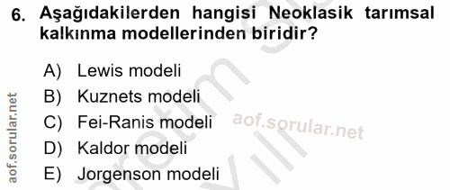 6. soru: Aşağıdakilerden hangisi Neoklasik tarımsal kalkınma modellerinden biridir? A) Lewis modeli B) Kuznets modeli C) Fei-R…